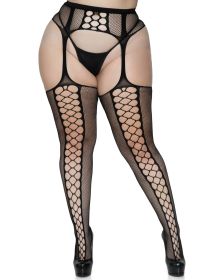 Faux Lace Up Dual Net Backseam Stockings With Attached Garter Belt