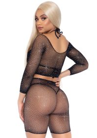 2 Pc Rhinestone Fishnet Crop Top and Biker Shorts