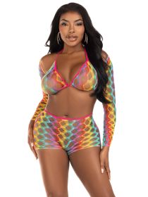 3 Pc Net Bra Top With Shrug and Boy Shorts