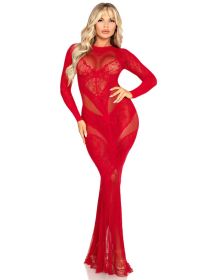Red Lace and Net Body Con Gown
