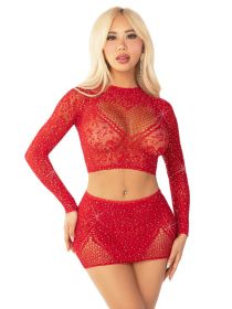 Red 2pc Rhinestone Lace and Net Crop Top with