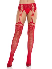 Red Rhinestone Lace Top Fishnet Stockings With