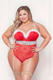 Rhinestone Studded Mesh Teddy With Marabou Trim (Option: XLarge  Red)