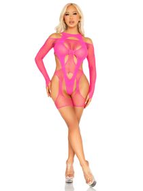 2 Pc Fishnet Garter Harness and Opaque Cut (Option: Out Teddy O/s  Neon Pink)