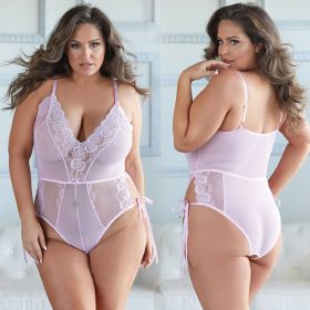 Allure Lace and Mesh Tie Up Romper (Option: PINK 1X/2X Boxed)