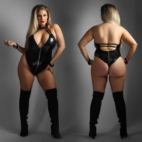 Fantasy Lingerie Edge Adjustable Wetlook Halter Teddy with Full Zipper Closure (Option: Black QUEEN)