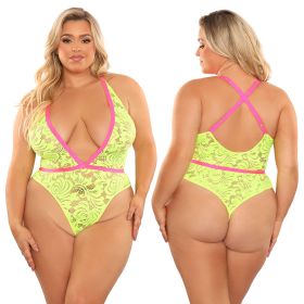 Fantasy Lingerie Glow Spotlight Contrast Elastic Lace Teddy Neon (Option: Green QUEEN)