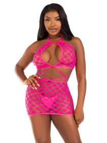 Keyhole Halter Hardcore Net Mini Dress (Option: One Size  Neon Pink)