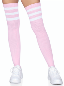 3 Stripes Athletic Ribbed Thigh Highs (Option: One Size  Light Pink)