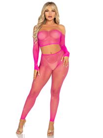 Rhinestone Fishnet Crop Top and Footless Tights O/s (Option: Neon Pink)
