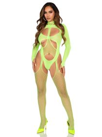 2 Pc Fishnet Suspender Lingerie Jumpsuit and Layered Opaque Teddy O/s (Option: Neon Green)